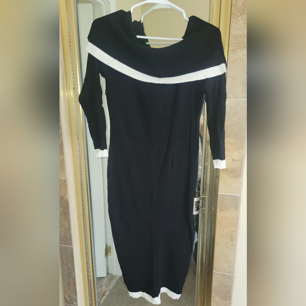 Classic Black Off-Shoulder Bodycon Dress with White Trim